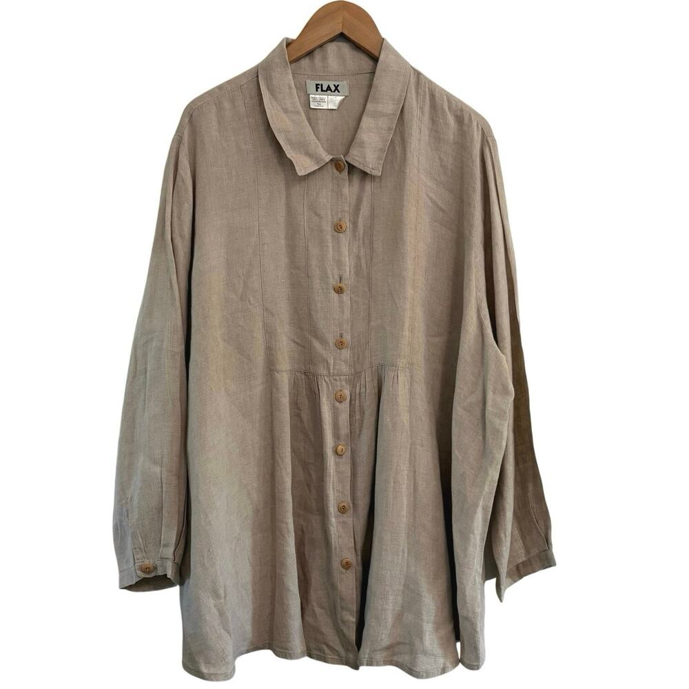 Flax Beige Button Down Tunic Top 100% Linen Sz 1G 18 / 20 Lagenlook Coastal